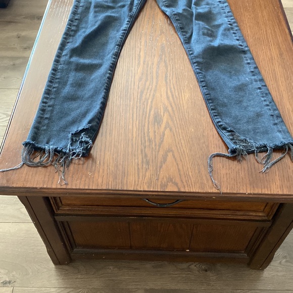 AGOLDE black distressed mid rise stretch straight leg jeans w/ raw cut out cuffs - Picture 7 of 16